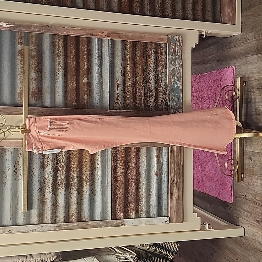 Peach Colored Fringed Jewel Trimed Bell Bottom Jeans from Peace Love California